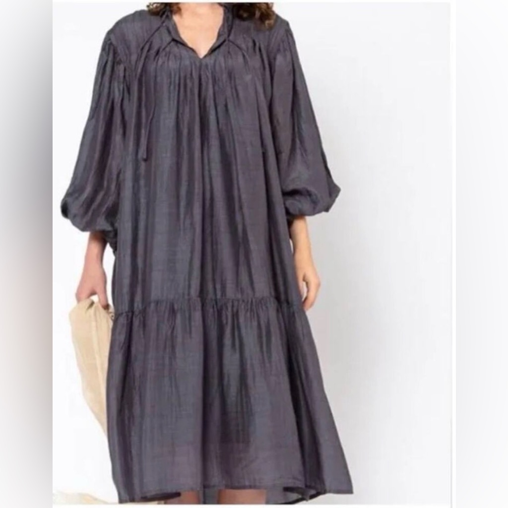 Matta Phool Charcoal Lagenlook Long Sleeve Boho Midi Dress